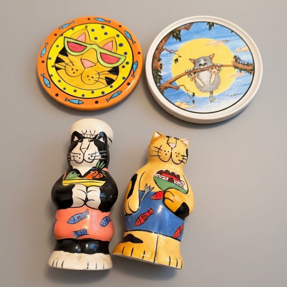Whimsical Clay Design Cat Figurines Set + Gary Patterson Cat Coasters A